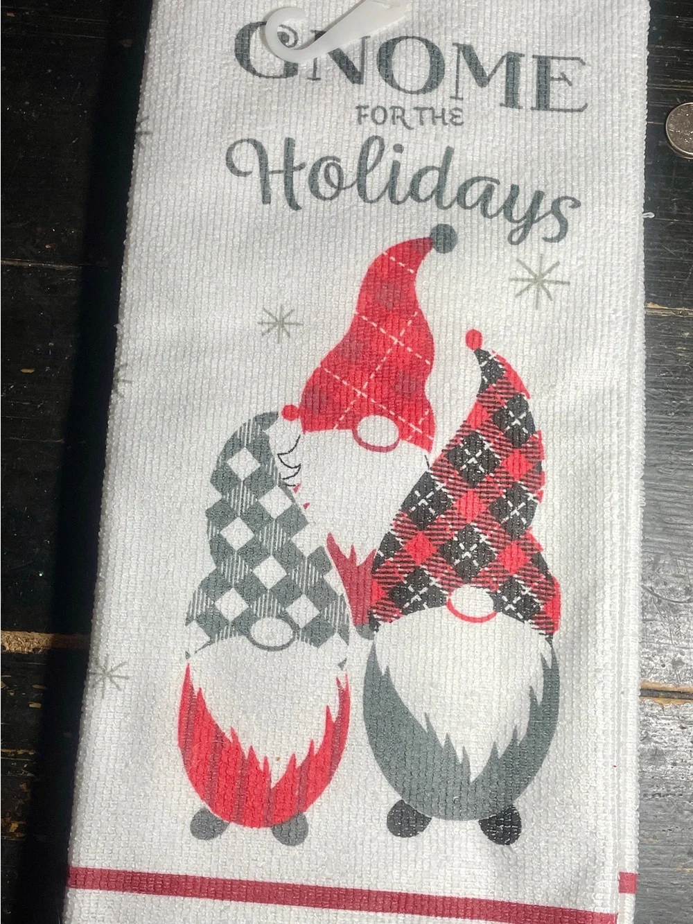 Holiday Gnome Kitchen Towel in White, Red & Gray